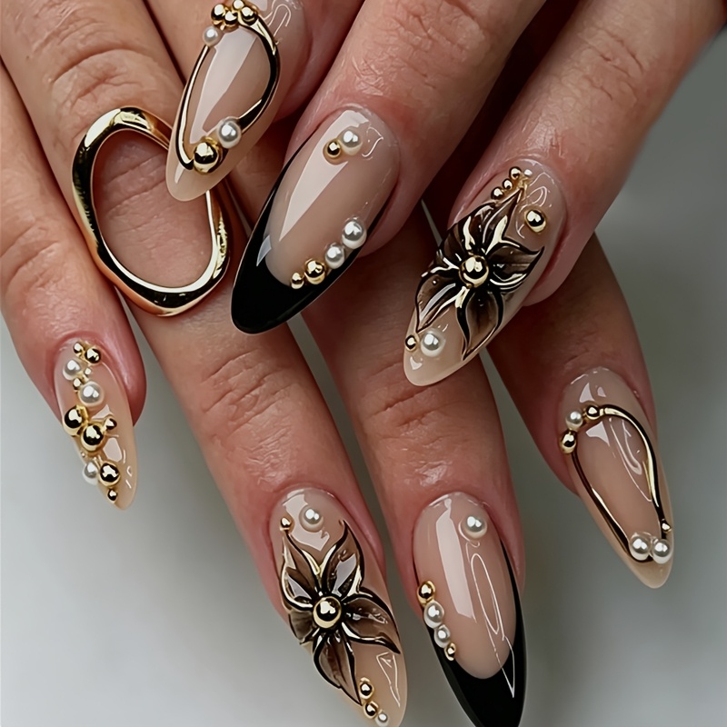 TEMU 24pcs 3d Floral Almond -on Nails Suitable For , Glossy False Nails With & Tip, Machine Extensions For Diy Manicure/pedicure, Application For