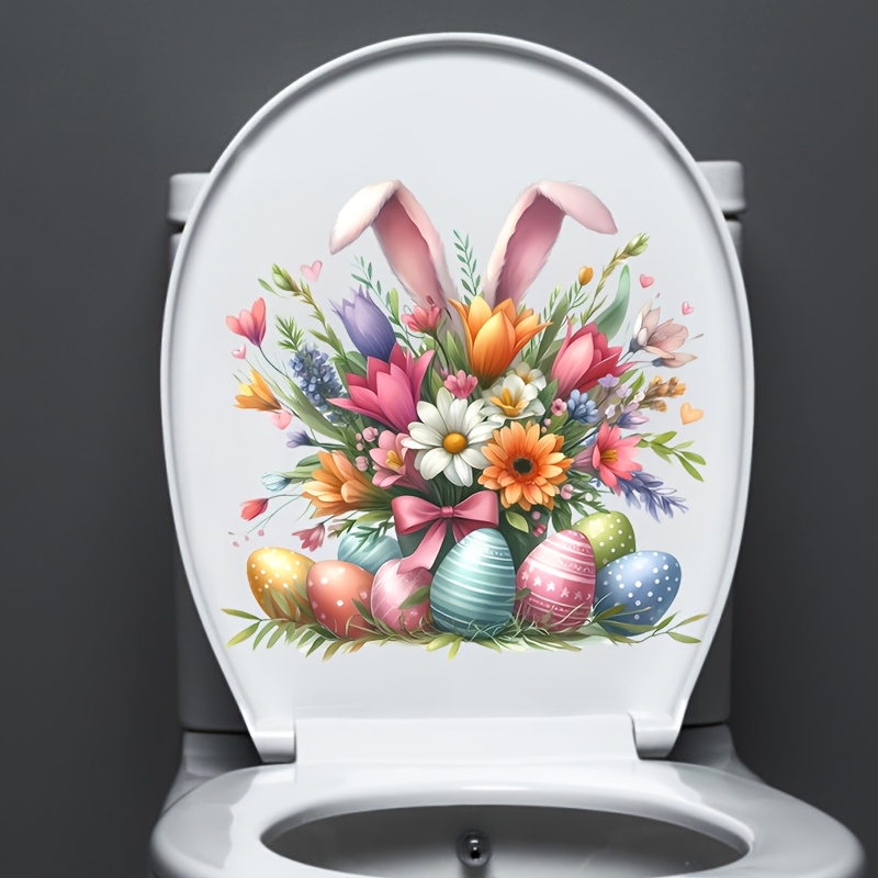 

Easter Bunny & Floral Toilet Seat Decal - , Disposable Bathroom Sticker For Vibrant Wall Decor