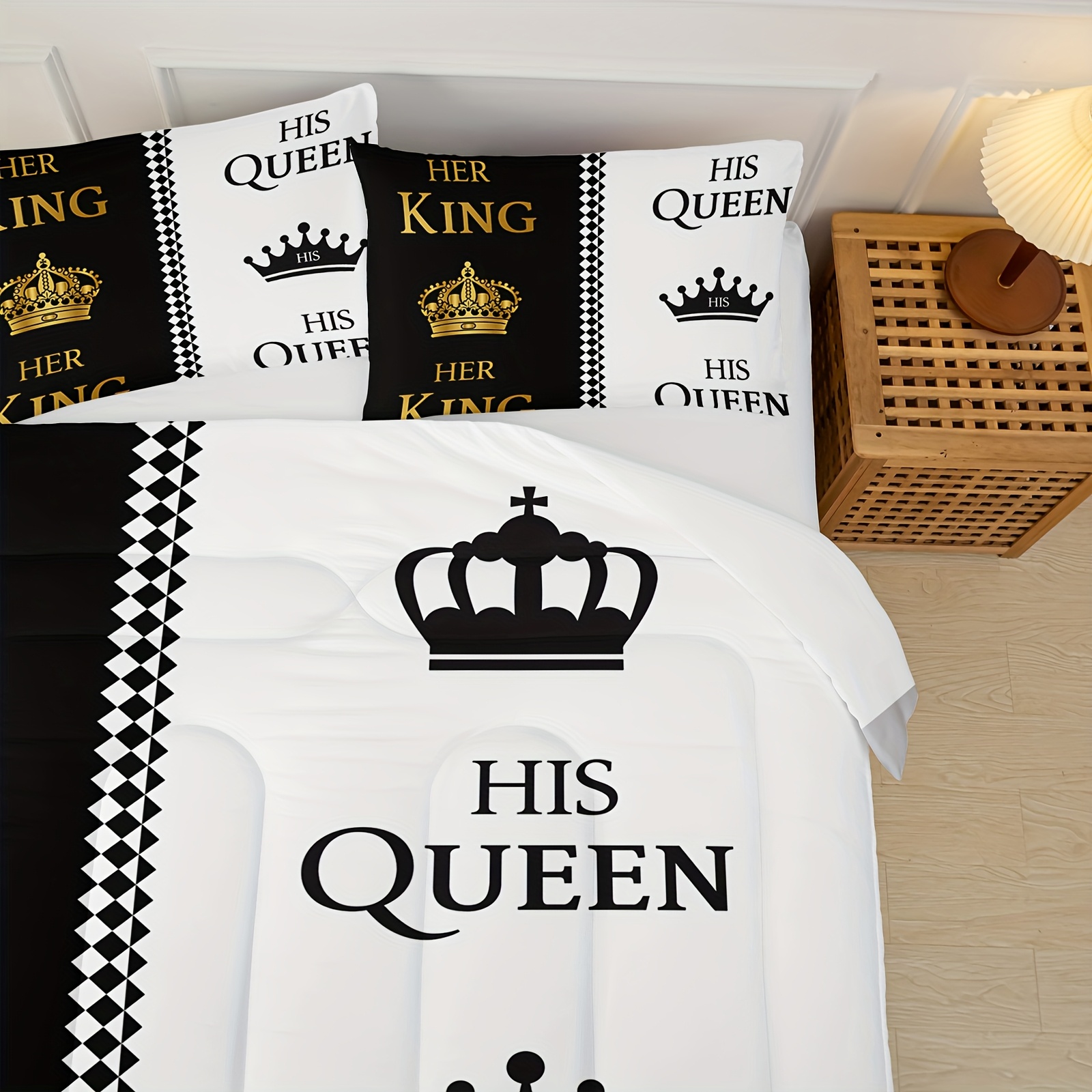3pcs queen and   letter print couple comforter set his and hers quilt set black white   set romantic valentines day theme mr mrs bedding set for bedroom decor soft microfiber couple comforter set with 2 pillowcase Product details 4