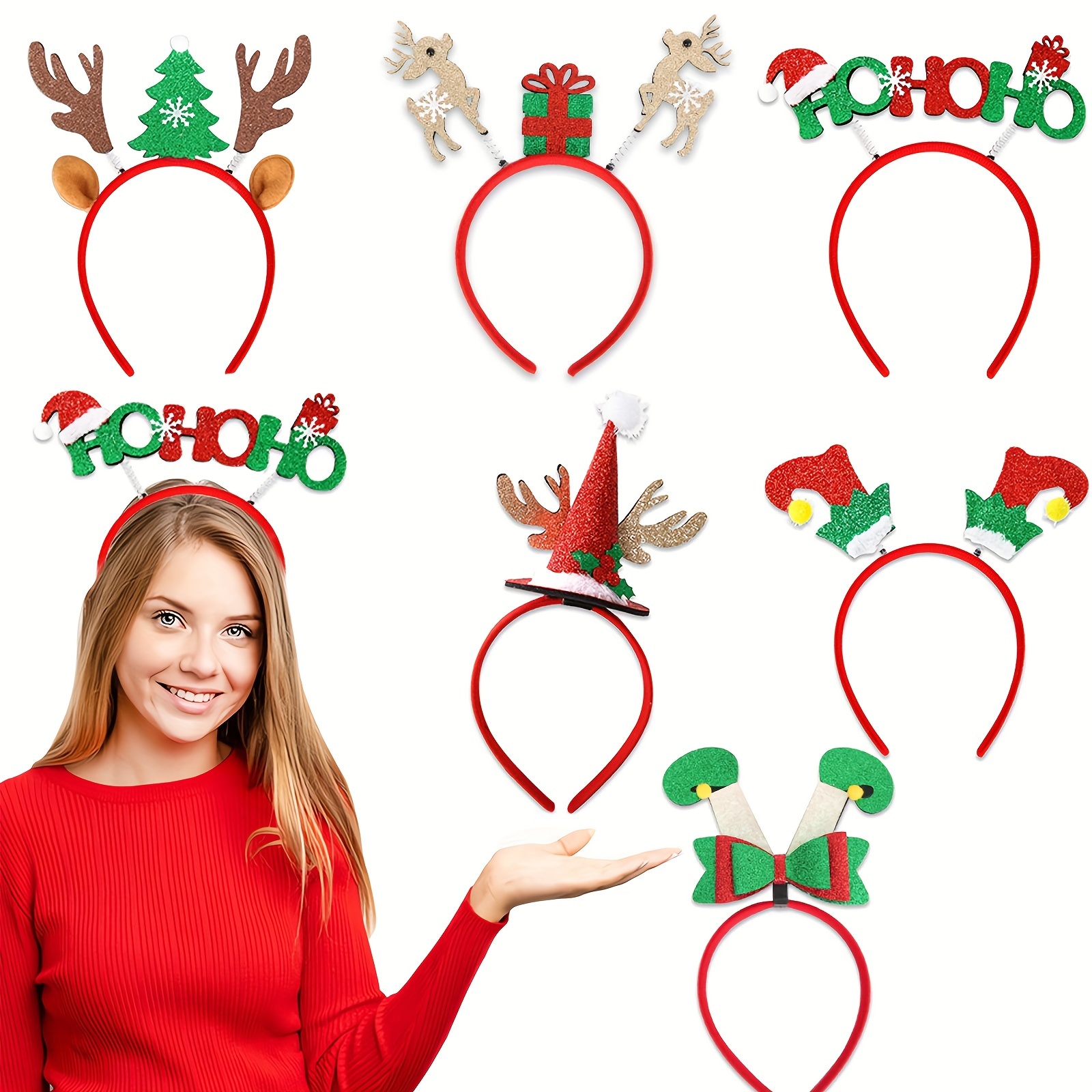 

6pcs Festive Christmas Headbands - Reindeer, Santa Hat & | Holiday Parties, Photo Booths & Gifts | Fits All