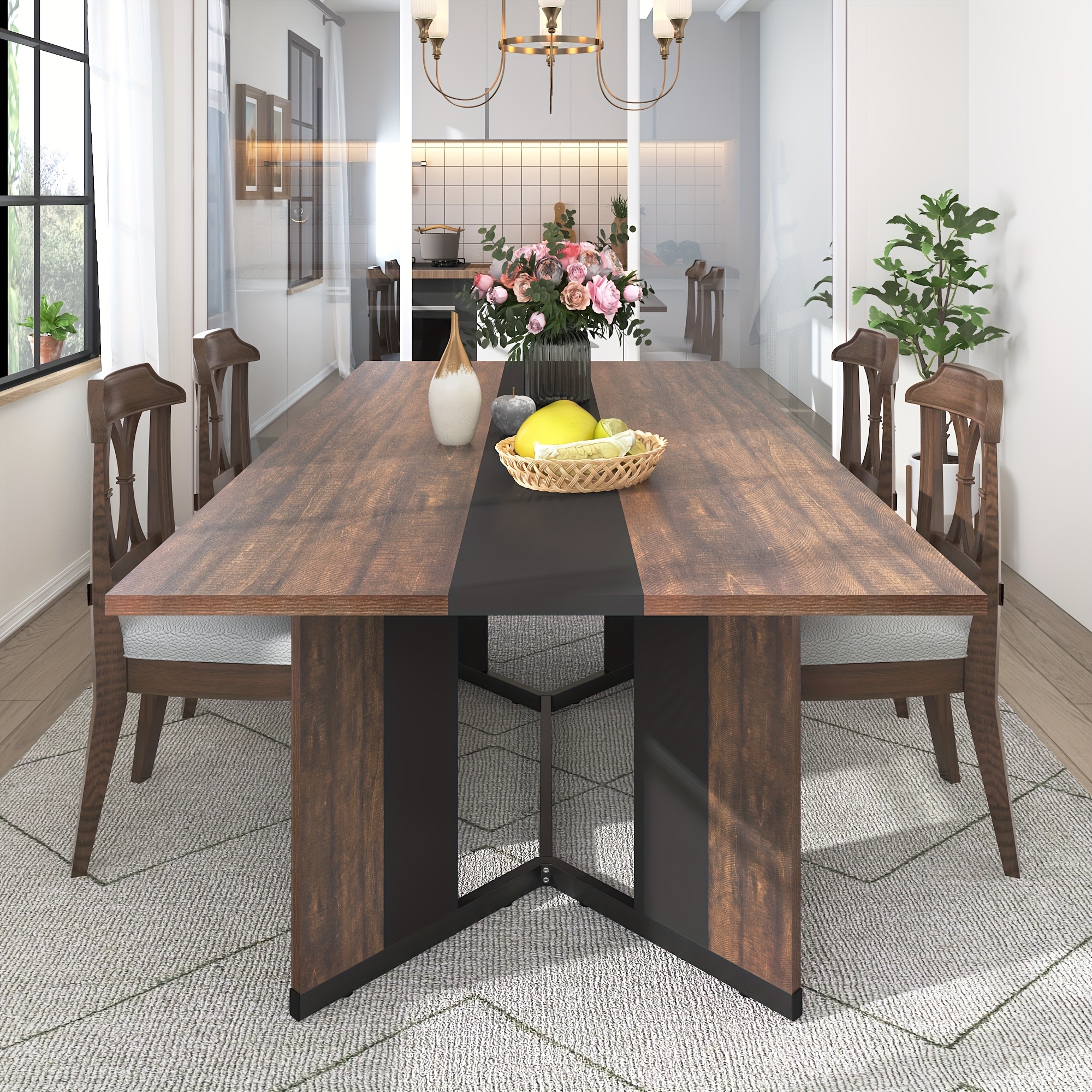 Waterproof and Scratch-Proof Dining Table - Luxurious 71-Inch Large Rectangular with Marble-Color Wood Top - Adjustable V-Shaped Legs for 4-7 People - Ideal for Family Dinners, Office, Kitchen, Living Room