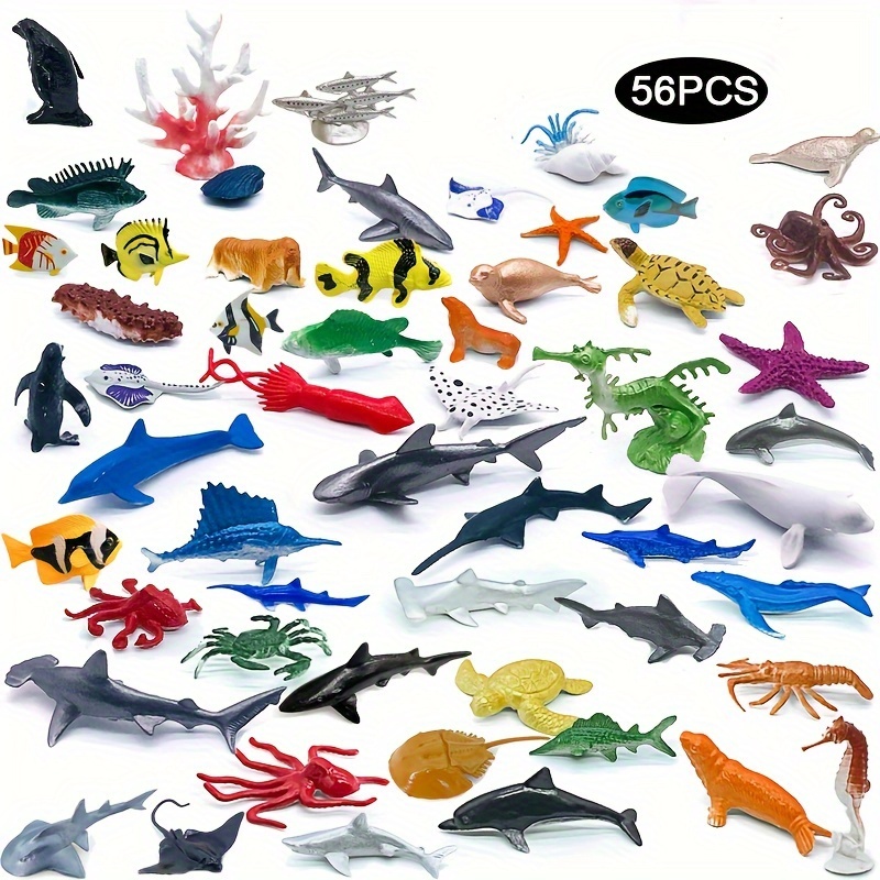 

56-piece Mini Marine Animal Figurines Set - Solid Plastic, Perfect For Indoor & Outdoor Decor, Fish Tank Enhancements, And Home Accents (slight Color Variations)