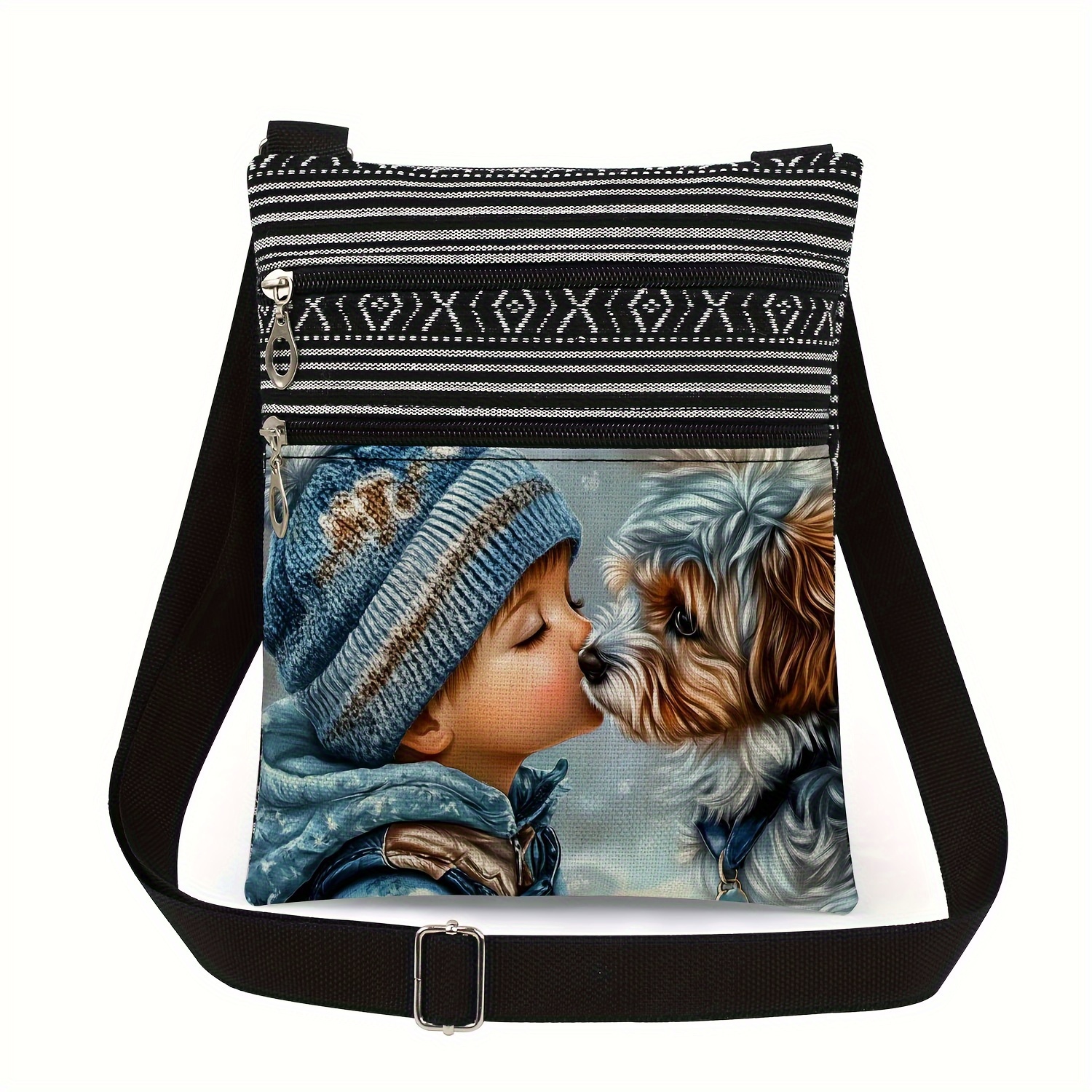 Image of Crossbody Bag With Random Black And White Stripe Placement And A Print Of A Little Kissing A Dog, A Birthday Party Gift