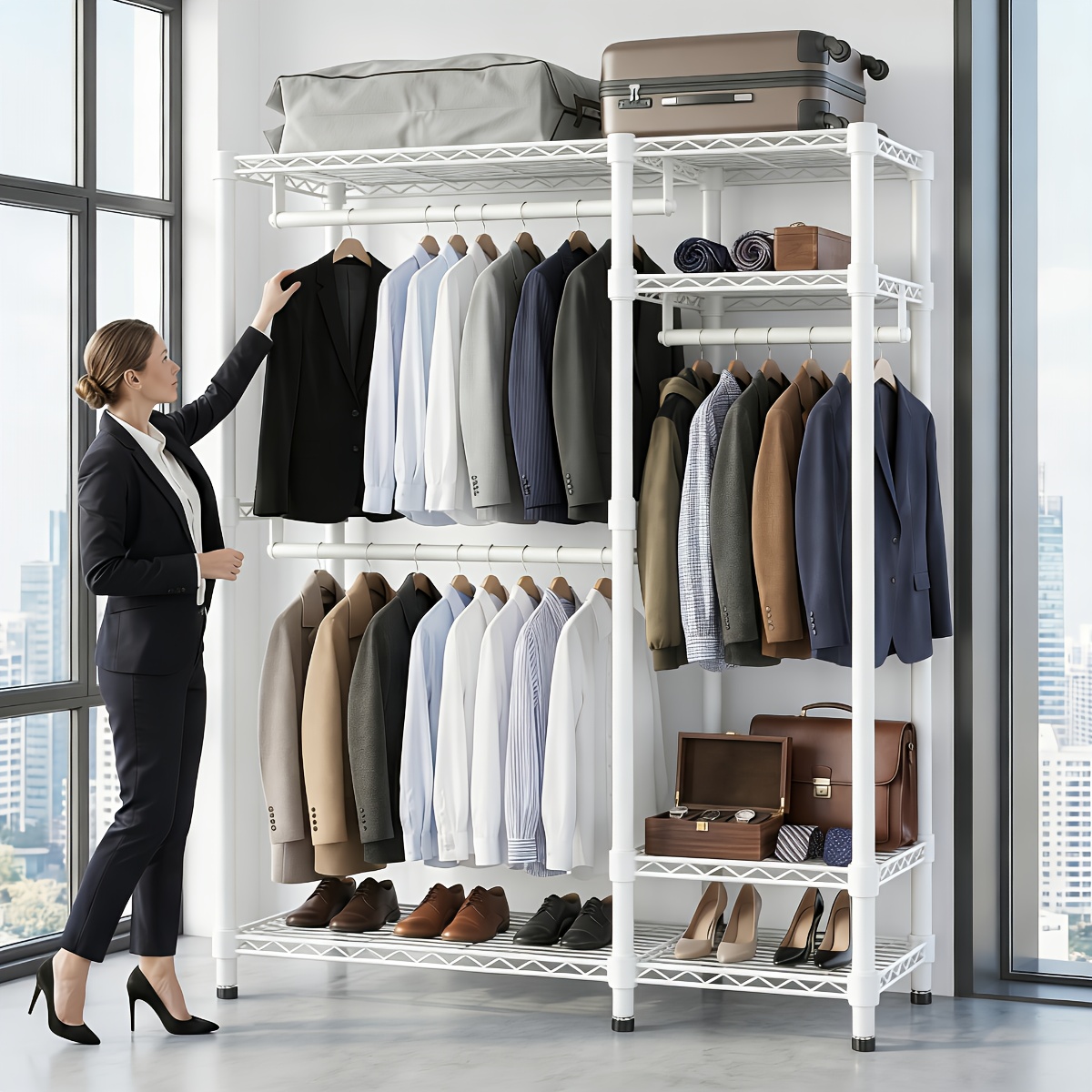 TEMU Garment Rack Heavy Duty 700lbs, Freestanding Clothes Rack With 6 Metal Shelves & 2 Hanging Rods, 77''h X 45''l Carbon Steel Wardrobe Closet