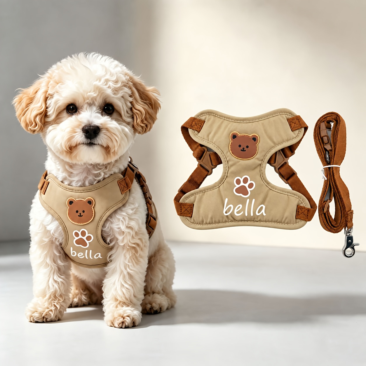 TEMU Huisdier Borsttuig en Riem Set, Kleur Beerpatroon Ontwerp Honden Vest Tuig Verstelbaar Lichtgewicht Comfortabel Ademend Anti-Ontsnapping, Buiten
