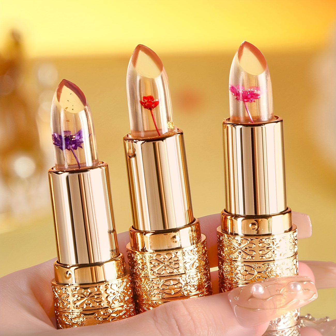 Set de 3 balsamuri de buze cu efect de petale de jeleu care își schimbă culoarea, hidratare de lungă durată și rezistente la decolorare