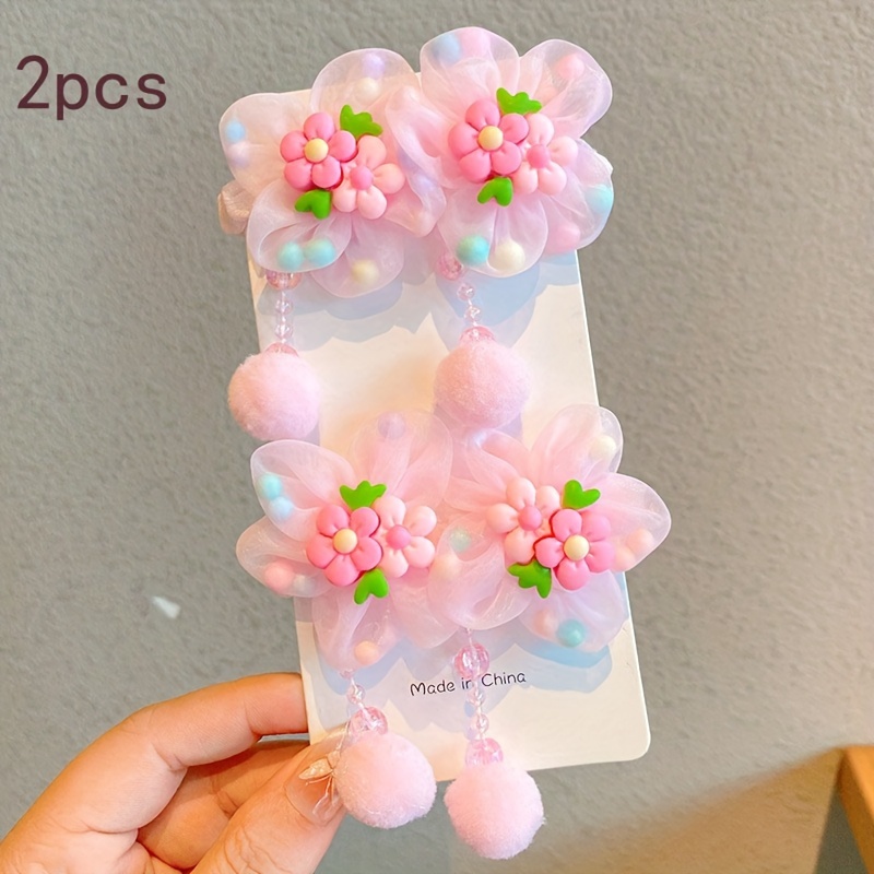Image of 2pcs Pink Flower Hair Ring Super Temperament Small Ring Girl Hair Accessories No Damage To Hair Ponytail Hair Ring Set