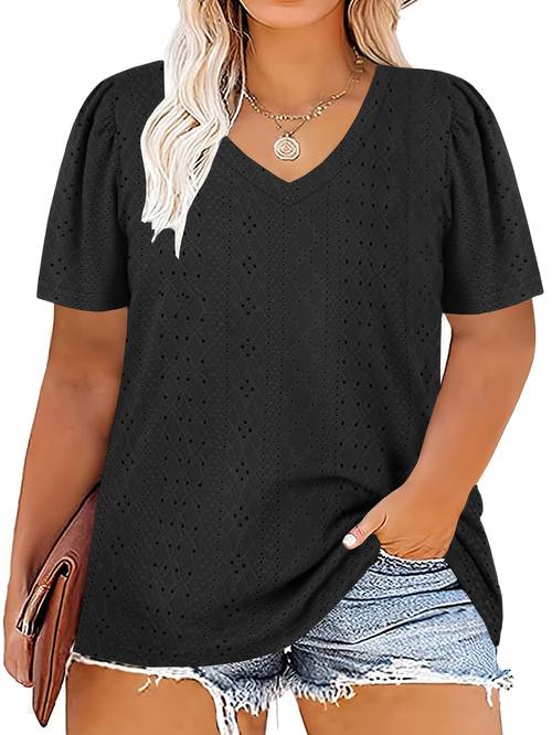 plus size solid eyelet cutout t shirt casual short sleeve v neck top for spring summer womens plus size clothing