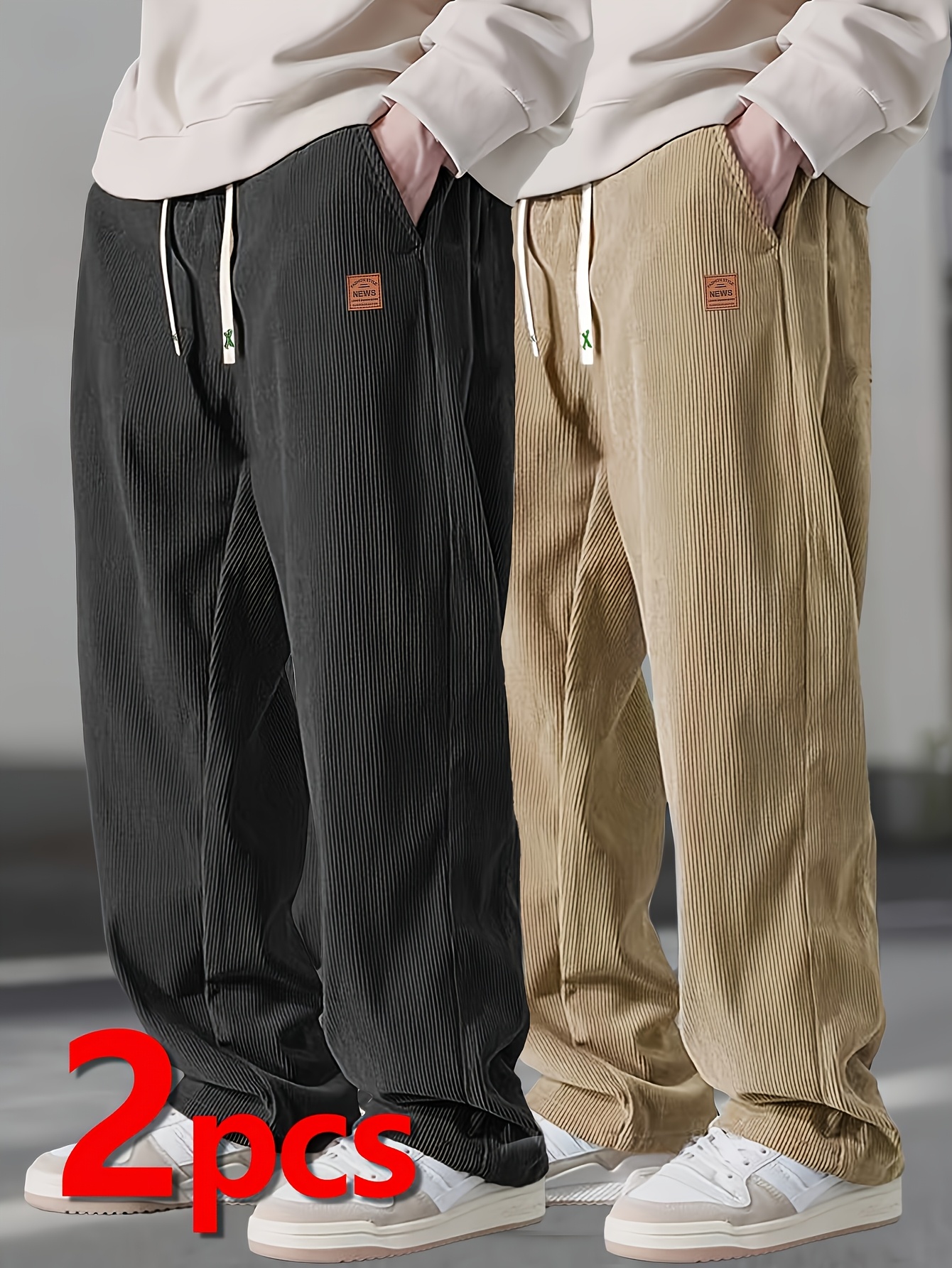 2 pack corduroy casual pants loose straight leg with side pockets two tone vintage texture casual attire set