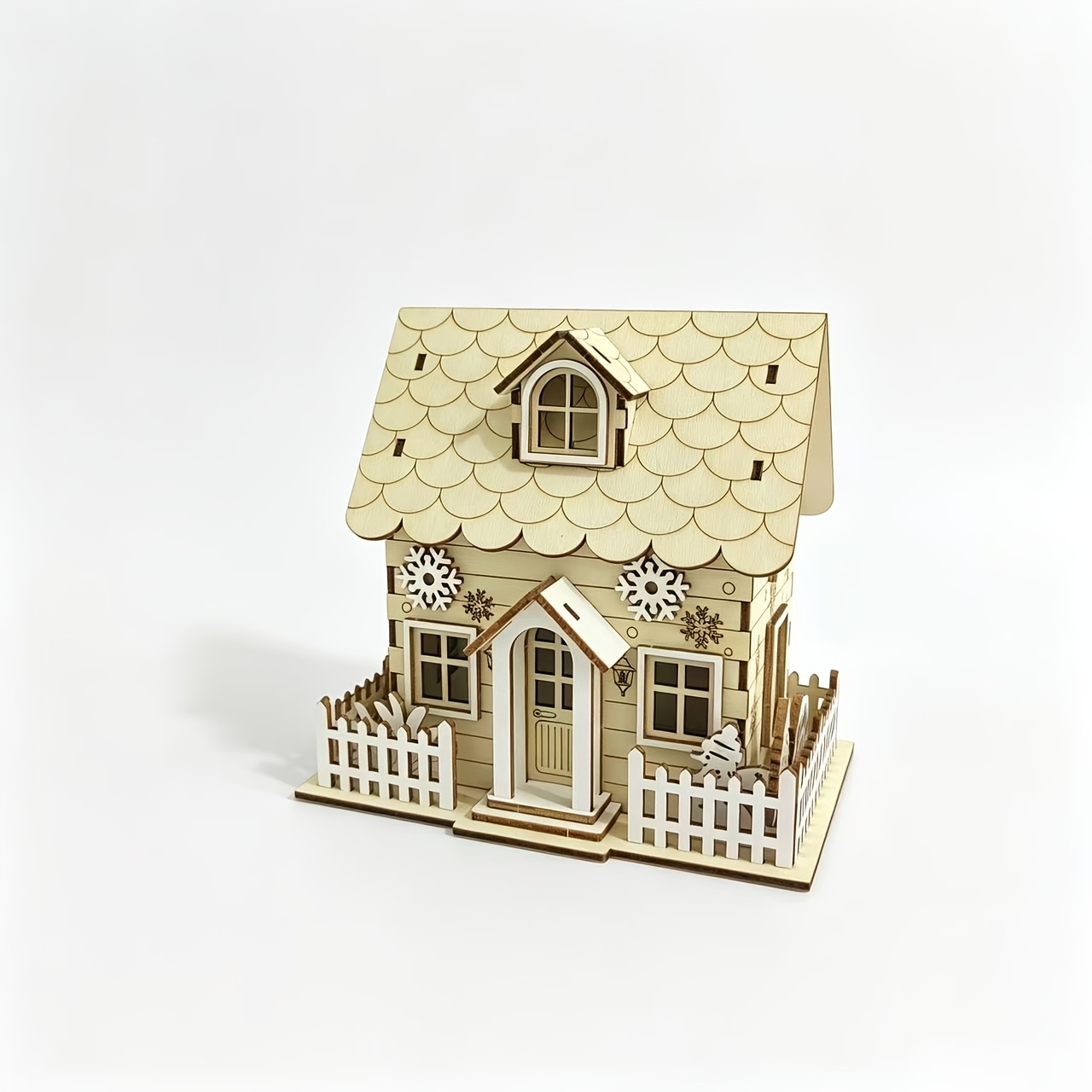 TEMU 1pc 3d Wooden Christmas Snowflake House Model Kit Christmas Tree And Fence Cottage Design Perfect As A Creative, Stress- Craft Gift For Adults