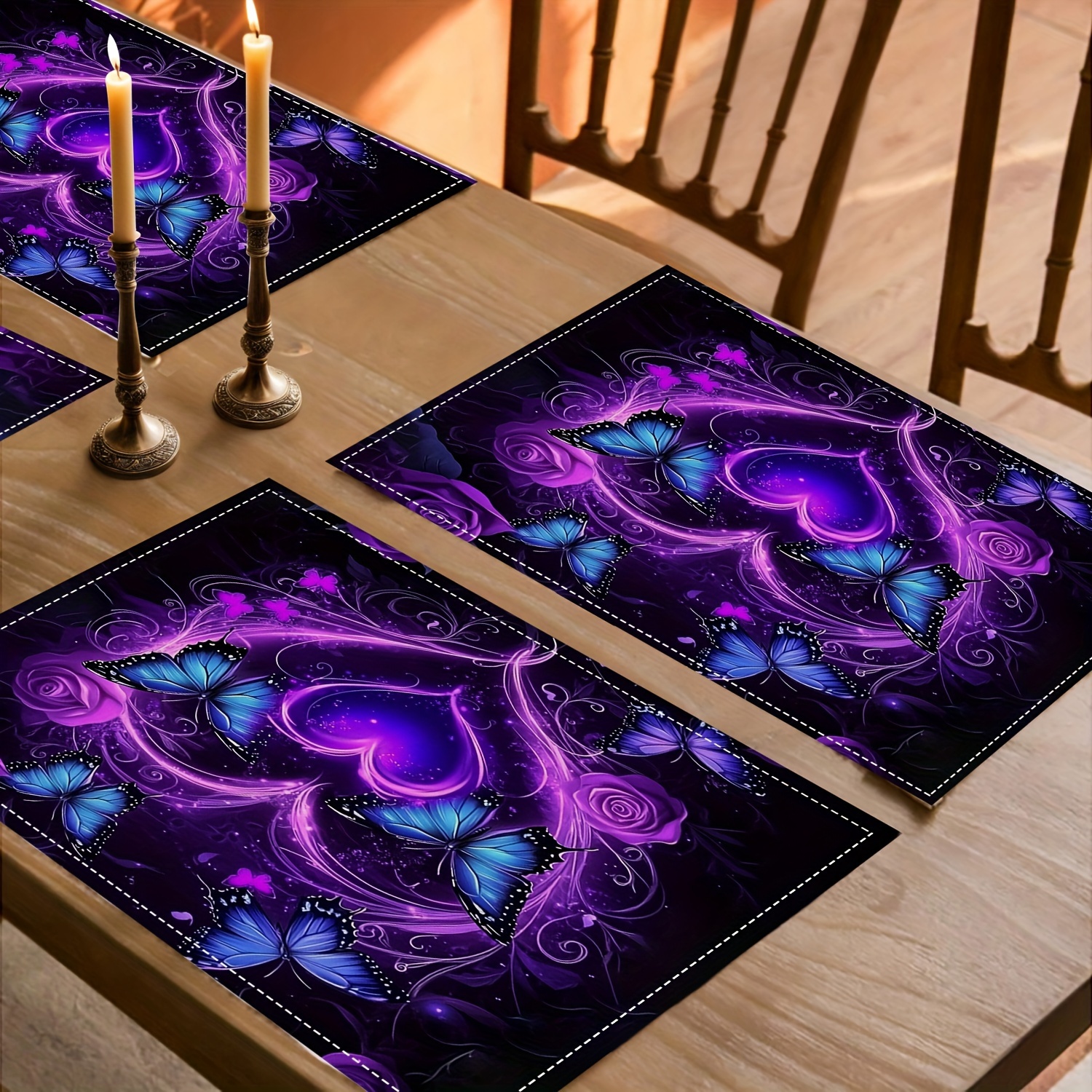 

Set Of 4 Purple Butterfly And Pattern Placemats, Glass Butterfly Print, Woven Polyester Dining Mats, Hand Wash Only, Decorative Table Mats For Kitchen & Patio, Suitable For And Dinner