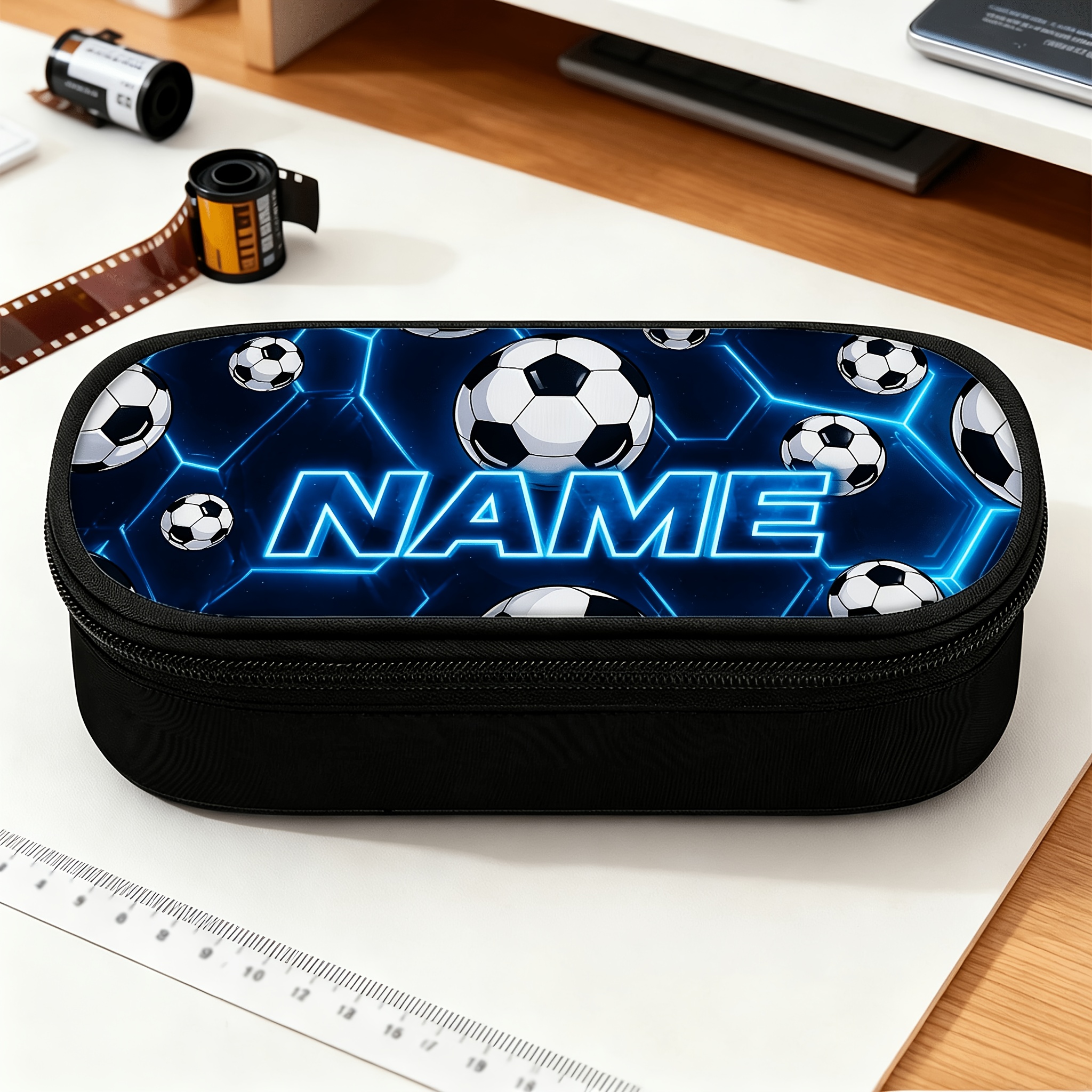 TEMU Customized 1pc Soccer Ball 2d Flat Pattern Large Pencil Case With Zippered Compartments, Fashionable Personalized Custom Name/text Pencil Pouch