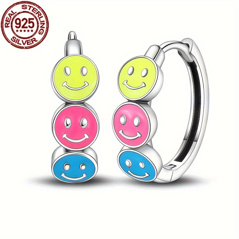 

S925 Sterling Silver Colored Glowing Smiling Face Earrings, Earrings, Women's Jewelry, Holiday Engagement Gifts, Hoop Earrings