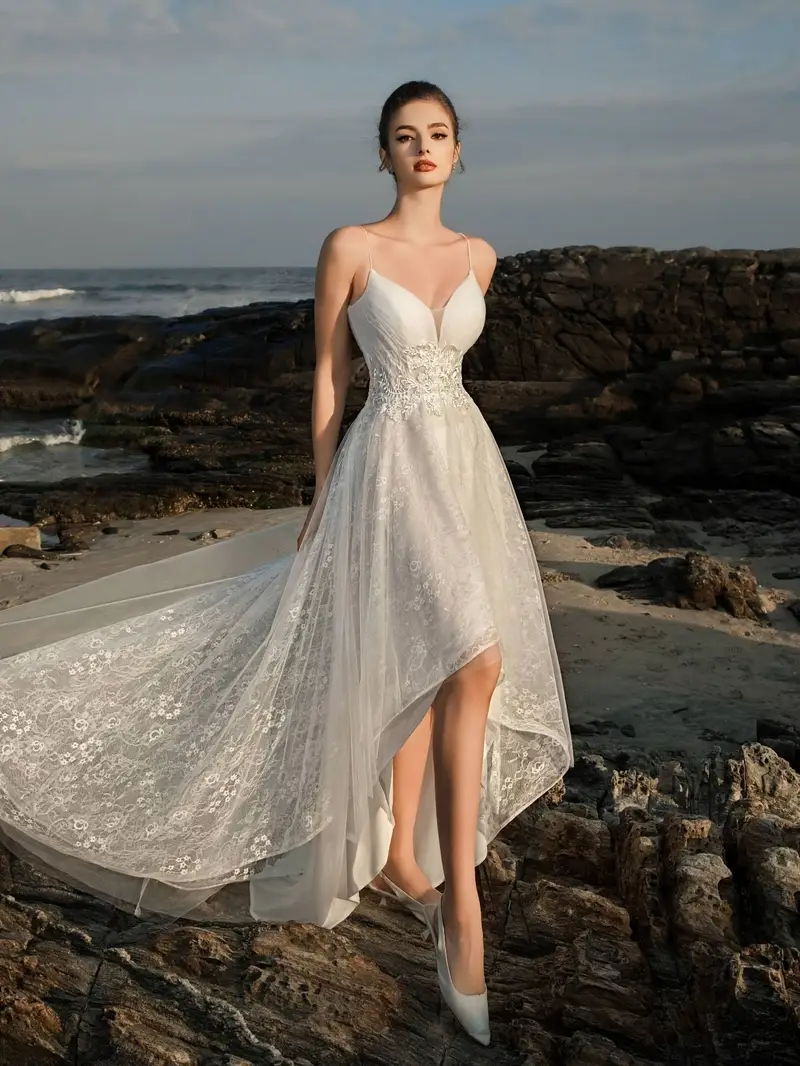 Fashionable and Elegant Gorgeous Thin Strap Asymmetrical Hem Heart-Neckline Lace Mesh Waist-Cinching Camisole Dress, Bridal Shower Gown * Fit and Figure-Flattering, Suitable for Bachelorette Parties, ... Fashionable and Elegant Gorgeous Thin Strap Asymmetrical Hem Heart-Neckline Lace Mesh Waist-Cinching Camisole Dress, Bridal Shower Gown * Fit and Figure-Flattering, Suitable for Bachelorette Parties, ...