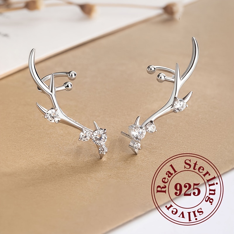 

S925 Sterling Silver Deer Crown Shaped Stud Earrings, Spring And Summer Series Antlers Crawler Earrings Women's Jewelry Accessories For Festival And Birthday 4.01g/0.14oz