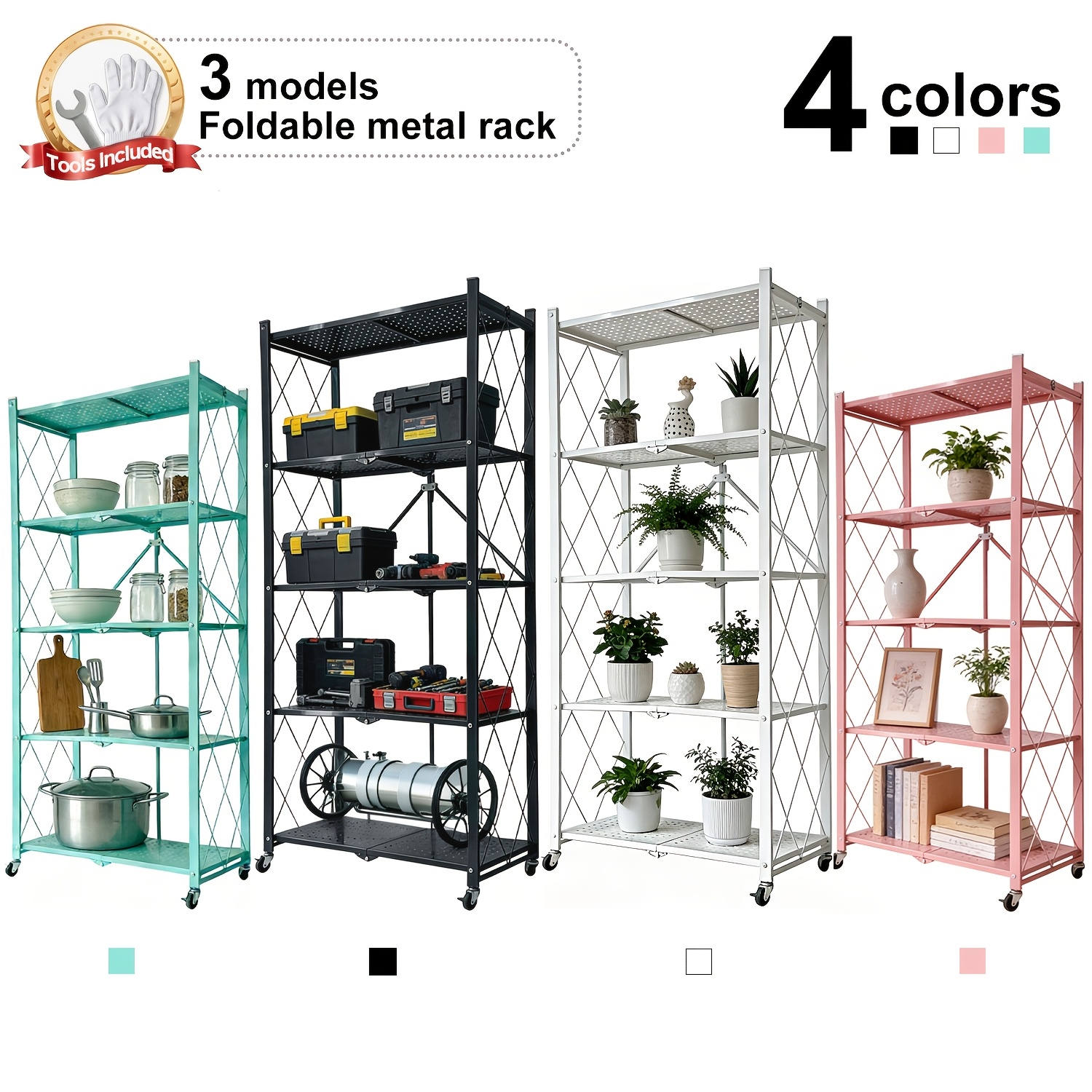 item picture foldable metal storage rack requiring no installation designed with foldable lockable casters practical and multi functional shelf for garages basements and storage rooms indoor outdoor display shelves for collectibles storage and organization