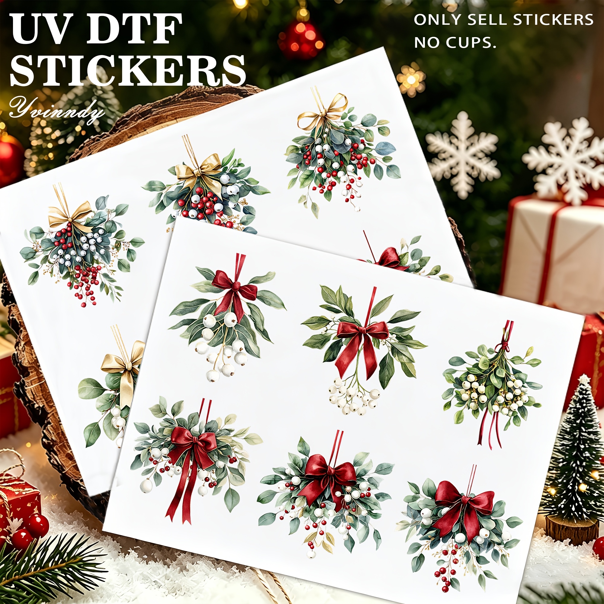 TEMU 12pcs/set Watercolor Eucalyptus Red White Berry Bow Uv Dtf Transfer - Waterproof Uv Dtf Transfer Paper For Arts And Crafts, Scrapbooks And Seals
