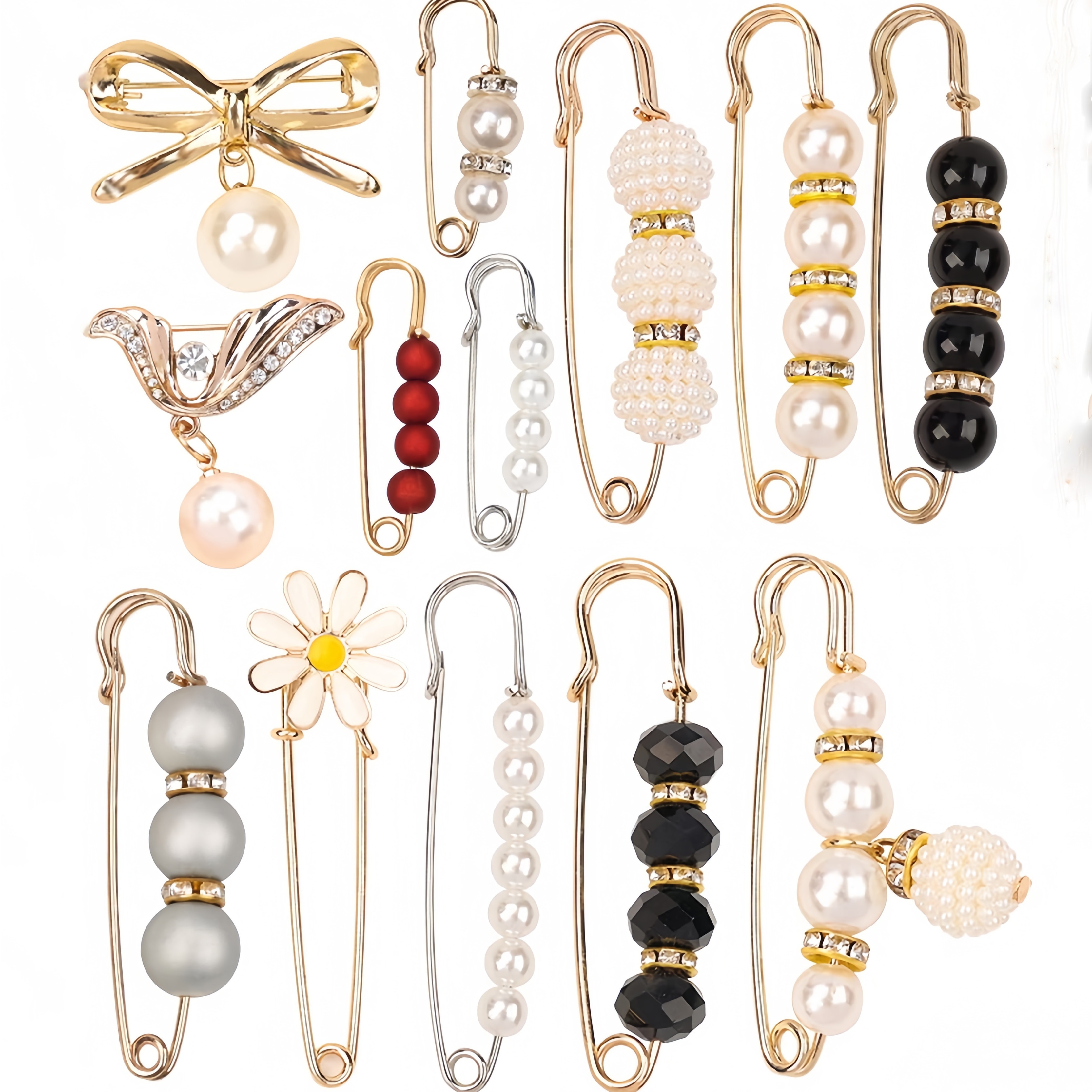 

13pcs Elegant Waist Tightener & Brooch Pin Set - Mixed Colors With Pearls, Crystals & Beads - Sweater Clips For Women - Fashionable Accessory For Securing Clothing & Adjusting Waists