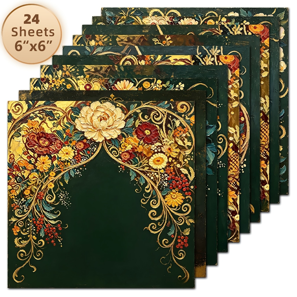 TEMU Papier décoratif à motif de à européenne, 24 feuilles, papier de base carré vieilli de 6 pouces, vert foncé avec motif de dorée, floral et de ,