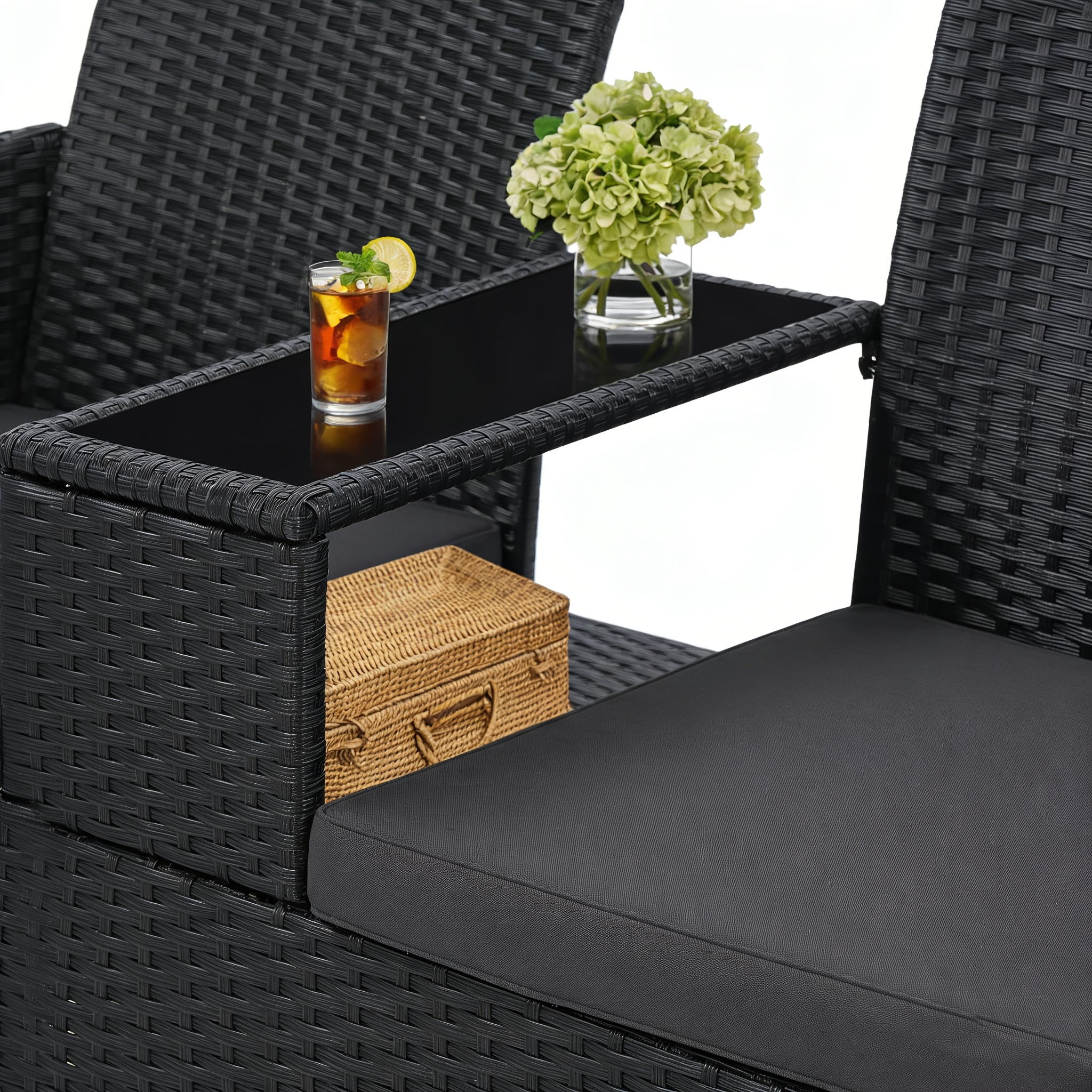 Image of Wicker 2 Seat Patio Loveseat, Outdoor Rattan Loveseat With Table, Washable Cushion Covers, Backyard, Garden, Lawn, Black Rattan With White Cushion