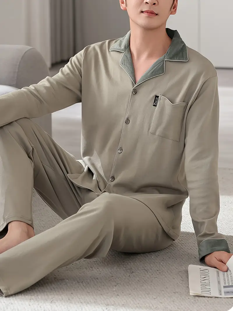 2pcs *'* Solid Color Pocket Round Neck Long Sleeve and Pants Pajama Set, Comfortable Light Beige-Friendly Style Sleepwear Suitable for *'s