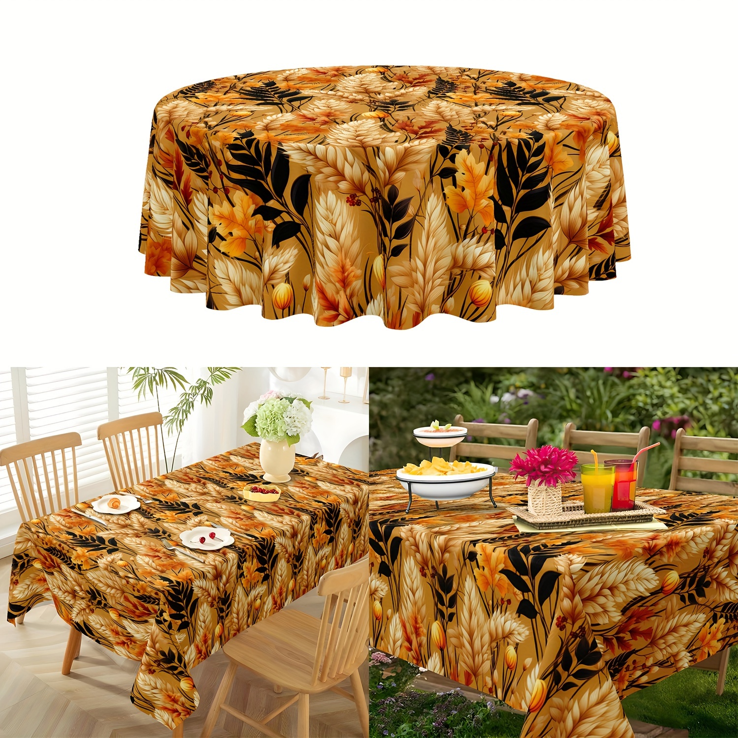 

Autumn Floral Polyester Tablecloth - Stain-resistant, Machine-woven Round Table Cover For Thanksgiving, Harvest Wheat & Flower Pattern, Ideal For Dining & Kitchen - 1pc