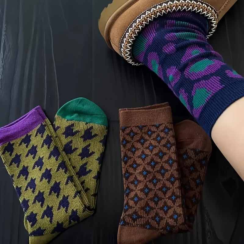 

3 Pairs Argyle & Socks, Vintage Style Fashion Mid Tube Socks For Fall & Winter, Women's Stockings & Hosiery