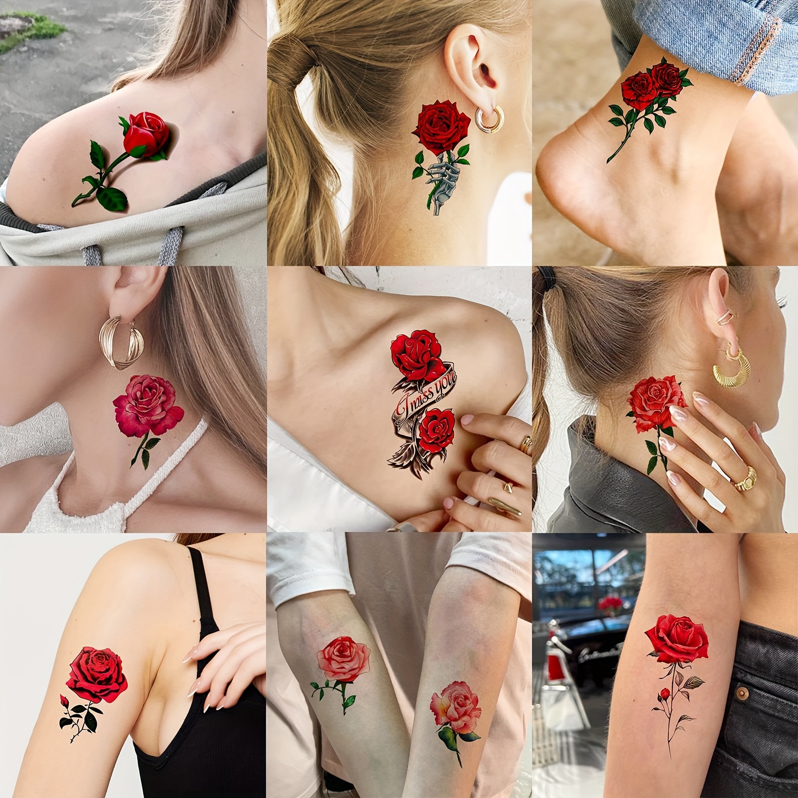 

24 Sheets Red Rose Temporary Tattoos For Women Neck Arm Girls Hands Legs, Waterproof Black Realistic Rose Flower Tattoo Stickers, 3d Peony Floral Body Art Fake Tattoos