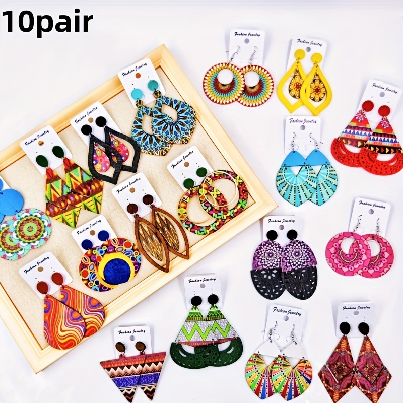 10/20 Pairs/Pack Wooden Material Earrings Women&#39;s Fashion Dropping Earrings * Random Multiple Styles and Sizes Ethnic Style Women&#39;s Ring Earrings Wholesale