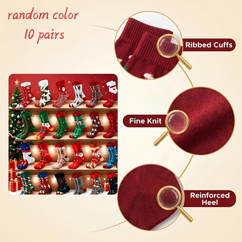 TEMU 10 Pairs Mixed Christmas Socks, Winter Warm Mid-calf Socks, Cute Santa & Gingerbread Patterns, Unisex , Christmas Gifts For Family & , Random