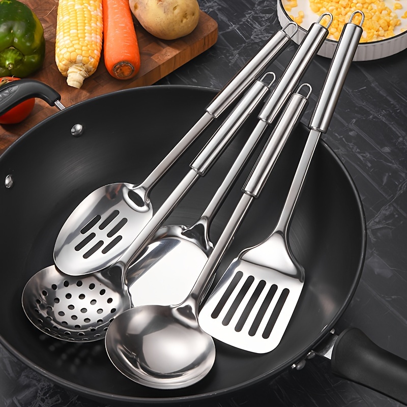 

Set Of Cooking Utensils Stainless Steel - Includes Spatula, Ladle, Strainer Spoon, Turner, Spoon - Long- Kitchen Tools And