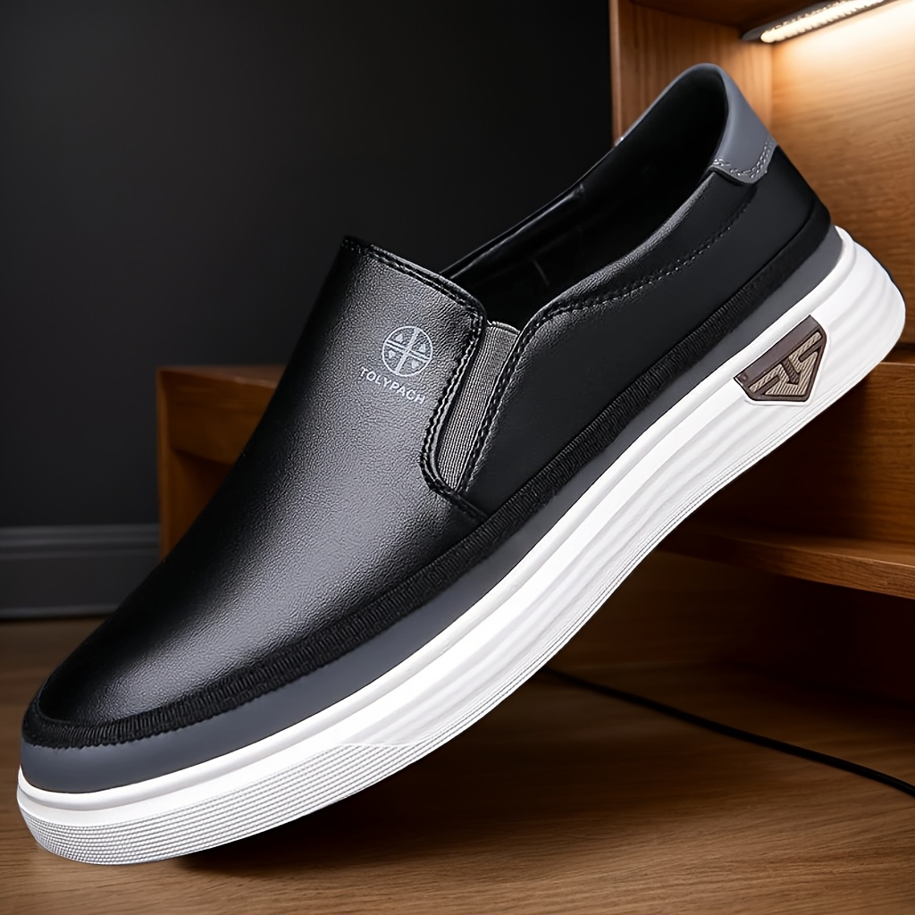 Men's Casual Slip-On Loafers - Soft Leather Upper, Comfortable & Durable, Non-Slip Rubber Sole, White with Brown Accents, Full Size Range for Casual Attire, Street Style, and Commuting, Commuting Loafers | Minimalist Loafers | Durable Construction