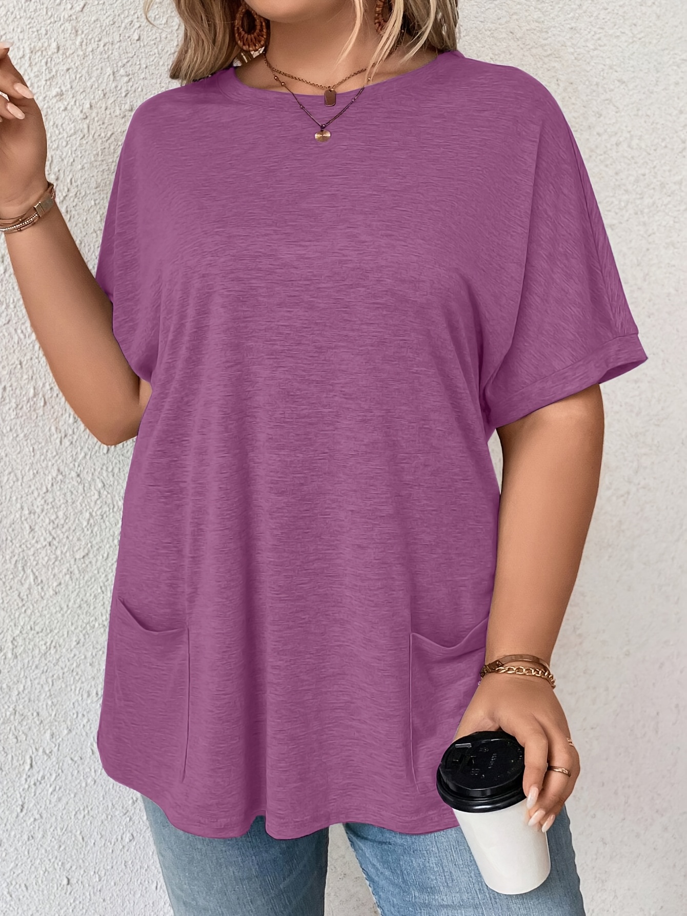 Plus Size Women's Casual Short Sleeve T-Shirt - Vibrant Purple Solid Color with Side Pockets, Relaxed Fit Round Neck, Medium Stretch Machine Washable Fabric for Spring/Summer Casual Attire, Ladies T Shirts, Versatile Clothing, Mediumstretch Material