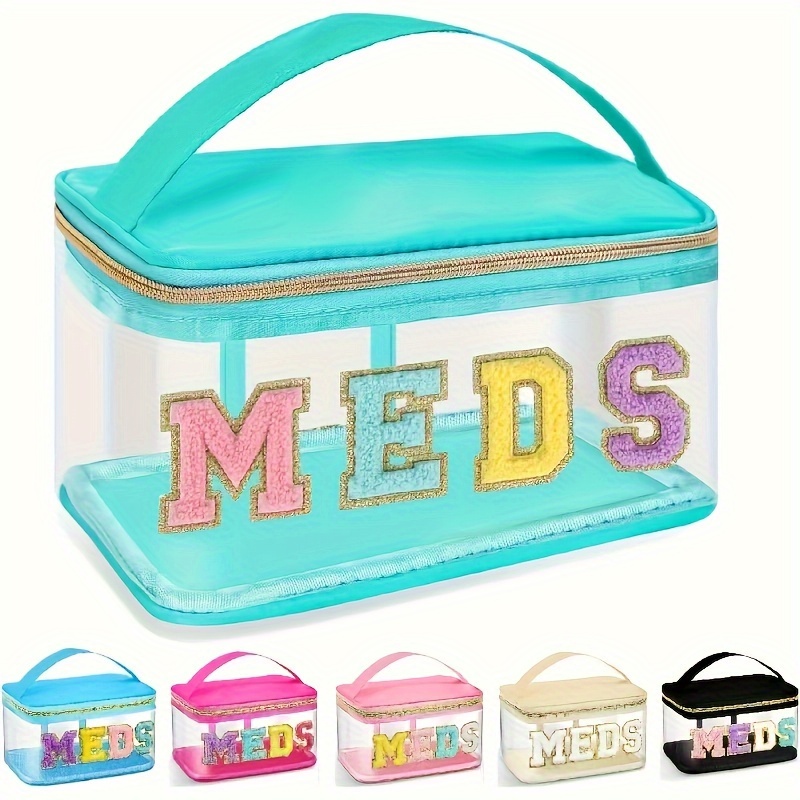 

Chic Chenille Letter Patch Meds Makeup Bag - Clear Pvc Travel Medicine Organizer With Handle, Waterproof Nylon Zippered Toiletry Pouch For Patients & Nurses