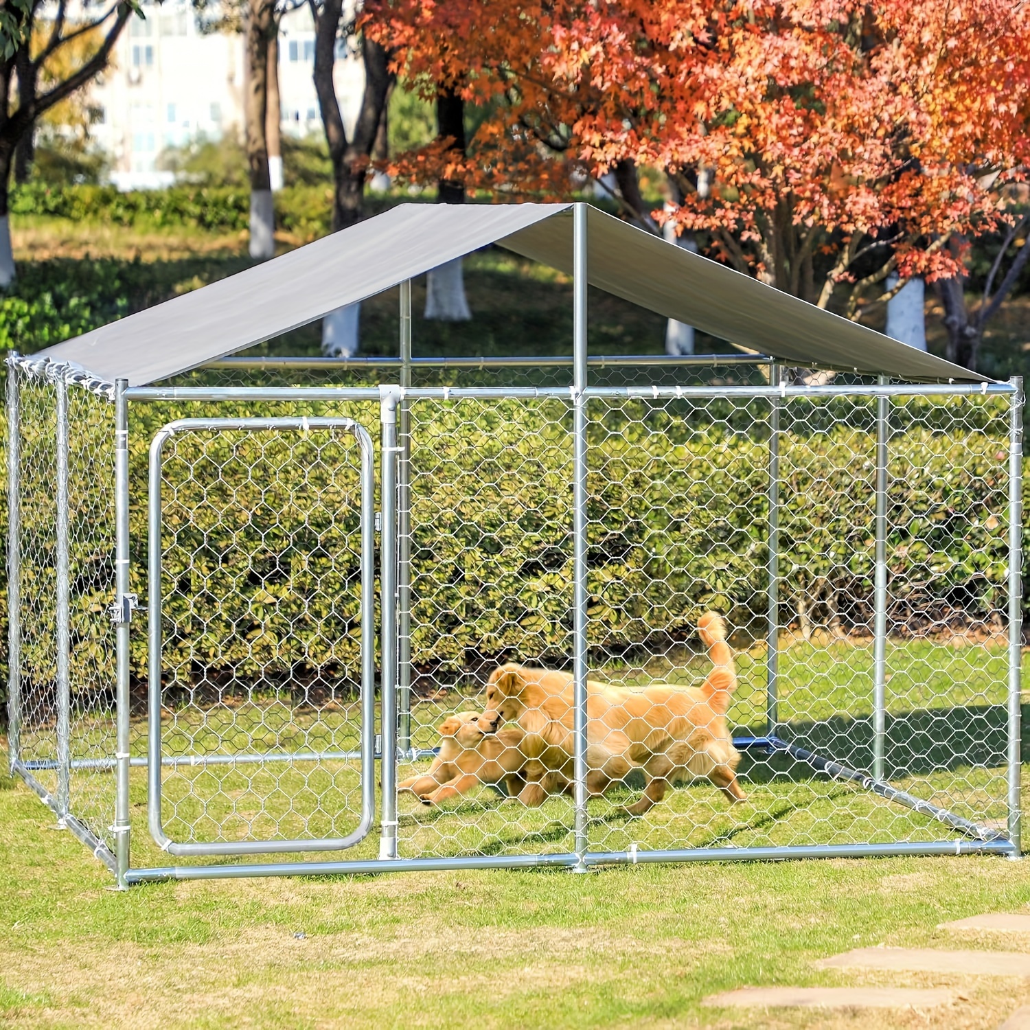 Outdoor Large Dog Kennel with Waterproof Oxford Cover Galvanized Chain Link Heavy Duty Outdoor Dog Crate for Large Dogs with and Roof