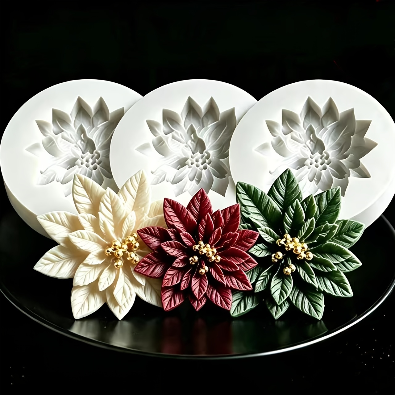 TEMU Clay Mold - 3pcs Set Christmas Flower Silicone Mold, Holly Leaf Shaping Tool, Silicone Mold For Aromatherapy Wax, Resin, Clay, Plaster, And