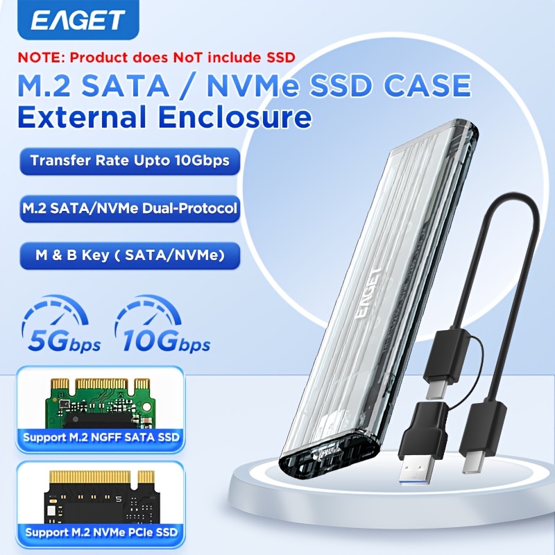 

Eaget Portable M.2 Sata/nvme Dual- Enclosure Adapter, Usb 3.2 + Type-c, Transparent Case For Nvme /sata Solid State Drive, Installation, Fits Ssd Sizes 2230/2242/i-e &b-key (ssd Not Included), Eaget