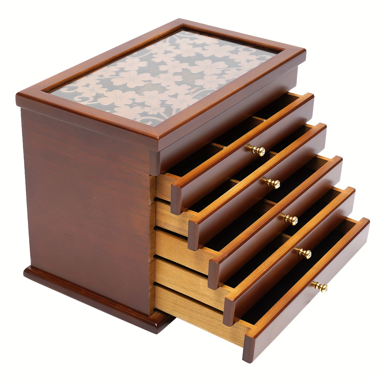Image of Wooderson Jewelry Box With 5 Drawers - Wooden - Carved Design - Velvet Lining - Rectangular - For Watches, Necklaces, Earrings - 31 X 20 X 24.5cm, Jewelry Boxes