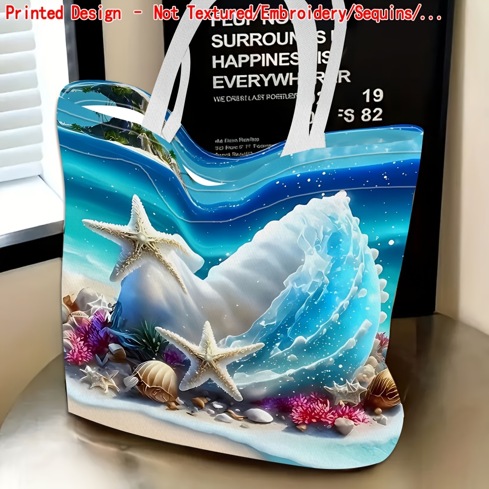 TEMU 1pc, Women'-shoulder Bag With Ocean Seashell Theme, Printed Design - No Texture/embroidery/sequins, Etc., Multi-functional, Tote Bag, Clutch,