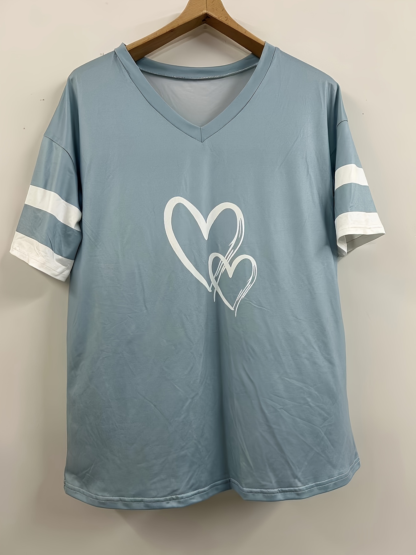 Women's Casual V-Neck Short Sleeve T-Shirt - Royal Blue with White Heart Print, Breathable Fabric, Machine Washable for Spring Summer Fall, Seasonal Fashion, Striped Detailing, Relaxed Fit Shirt