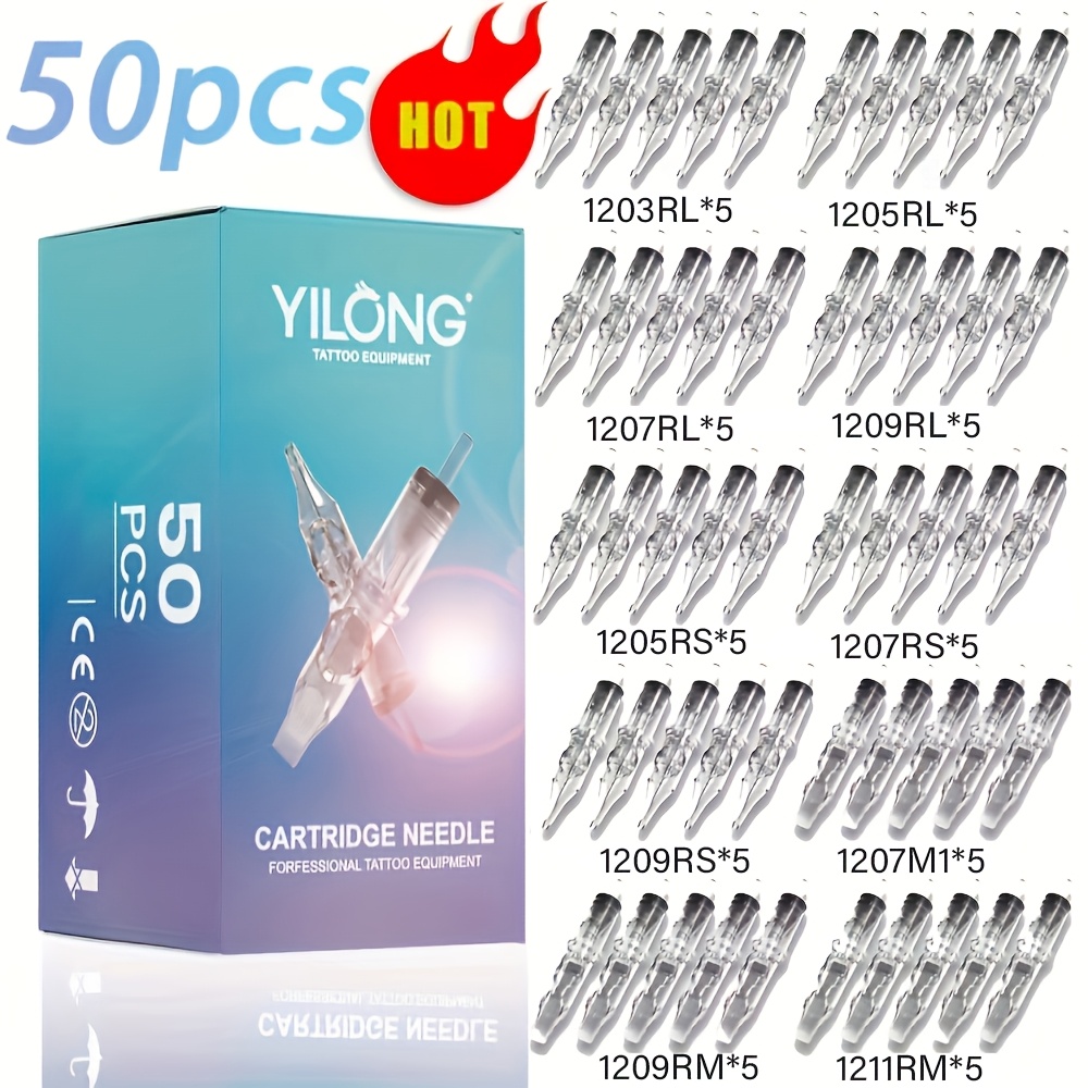 Image of Yilong Transparent Tattoo Cartridge Needles 50pcs Mixed Size Needles With Membrane Safety Cartridges-1203rl, 1205rl, 1203rs, 1205rs, 1207rs, 1205m1, 1207m1, 1205rm, 1207rm