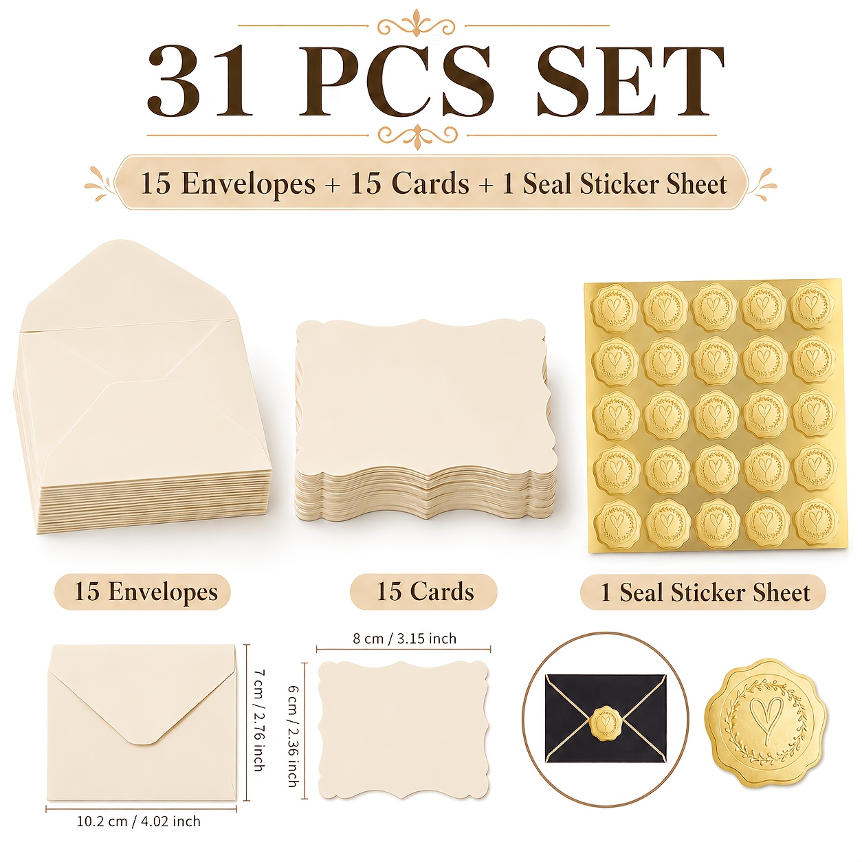 TEMU 31-delige Vintage Crèmekleurige Wenskaart Set, 15 stuks Golvende Kant Kaarten en 15 stuks Bijpassende Enveloppen en 1 stuk Sluitzegel Sticker,