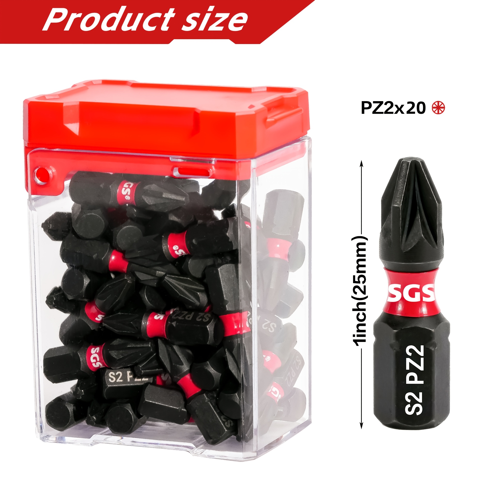 TEMU Punta de destornillador de impacto industrial Premium PZ2 - Acero S2, 25 mm, punta de potencia resistente a , paquete de 20 herramientas de