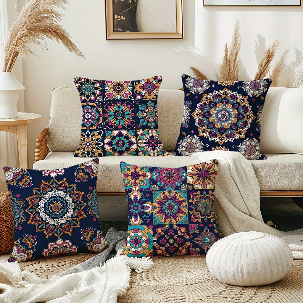 

4pcs, Bohemian Covers, 18 Inch Navy Blue Retro Bohemian Exotic Cushion Cover, Abstract Geometric Floral Decorative Pillowcases, For Home Sofa Decoration, Without Pillow Inserts