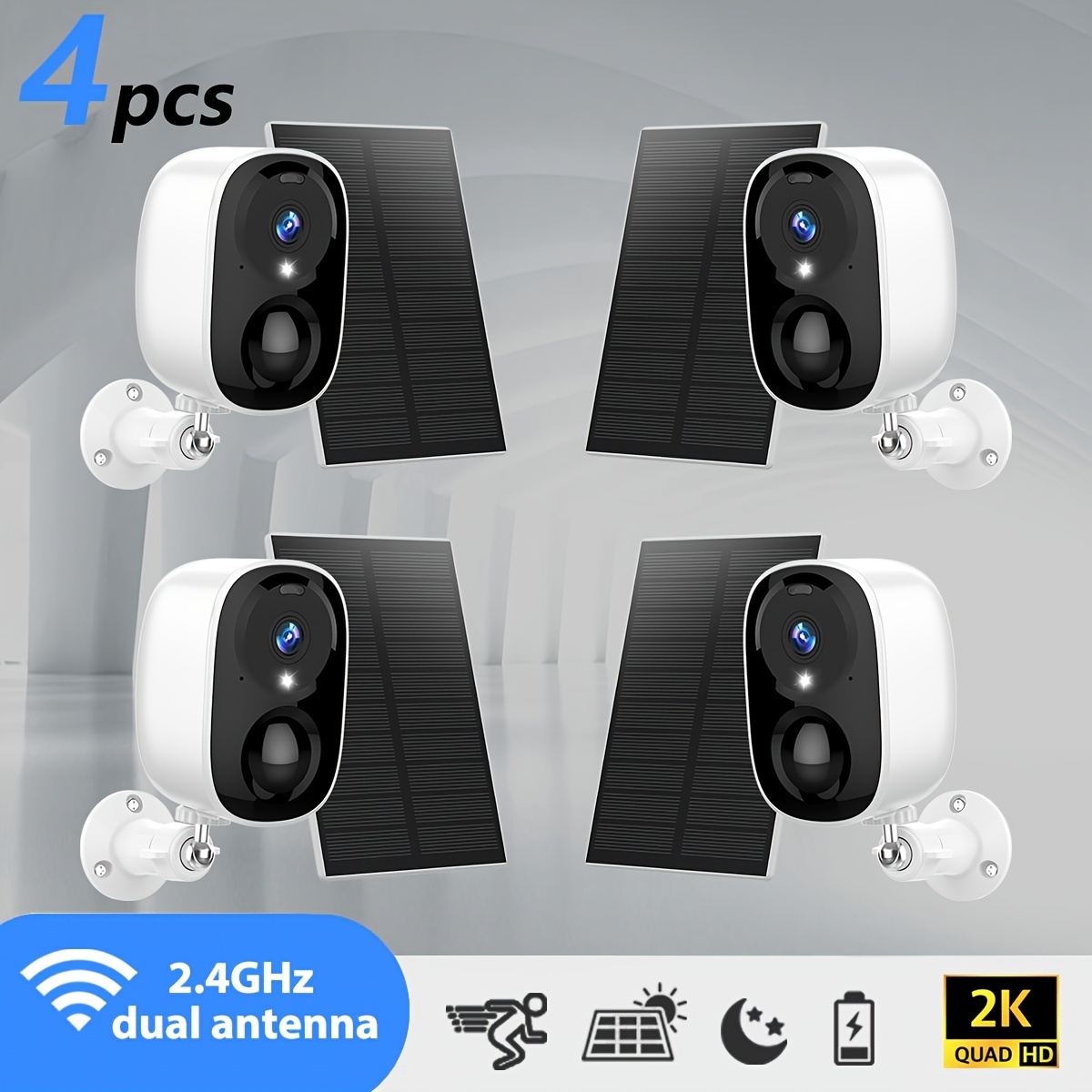 

[4pcs] Solar Cctv Wireless Ip Pet Camera Indoor And Outdoor Wifi Hd 2k 3mp Supports Supply, Ip66 Waterproof And Artificial Motion Detection.