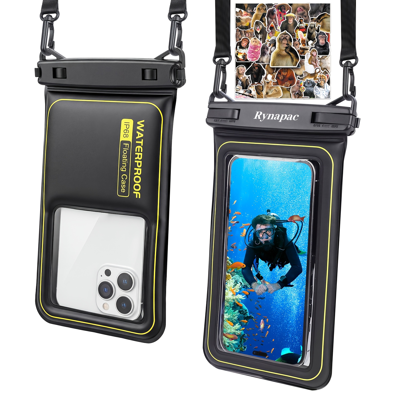 TEMU Rynapac Ipx8 Floating Phone Pouch And 50pcs Stickers - Phone Case With Adjustable Shoulder Strap Lanyard, Essential For Beach, Swimming, Skiing,
