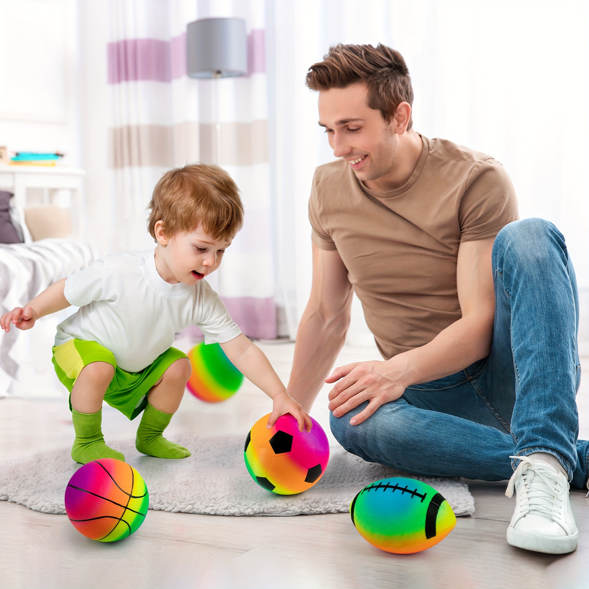Homotte Rainbow Sports Ball Set of 4 with 8.5" Football, Basketball, Soccer Ball, and Volleyball, Inflatable PVC Multi-Sport Balls with Pump