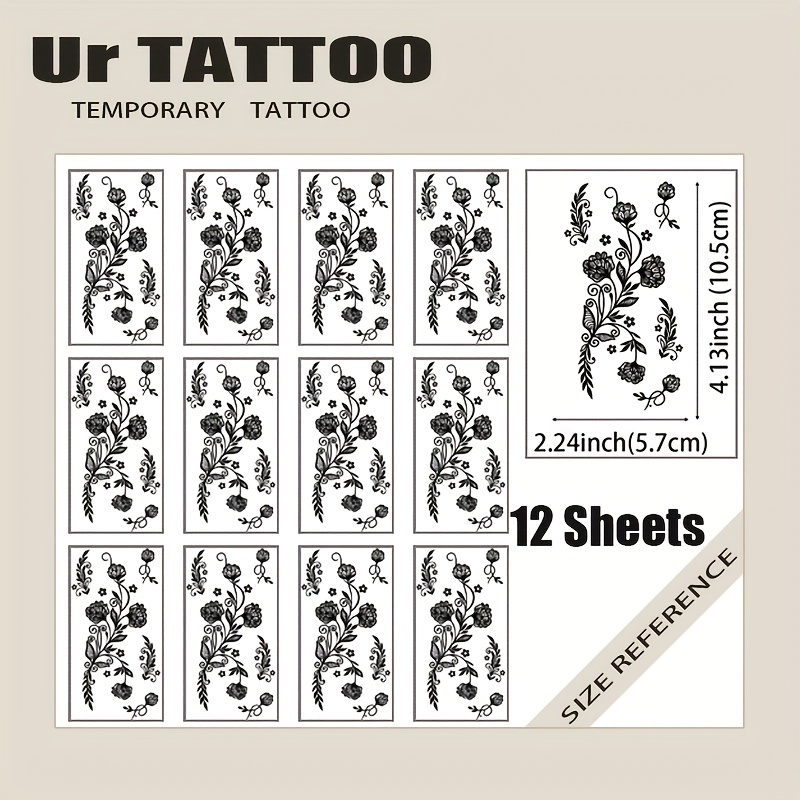 12 Sheets Black Temporary Tattoos Waterproof, Henna-style, Long-lasting High-quality Water Transfer Body Art Makeup Featuring Fake Temporary Tattoos, Black Sexy Finger Tattoo Stickers For Women, Party