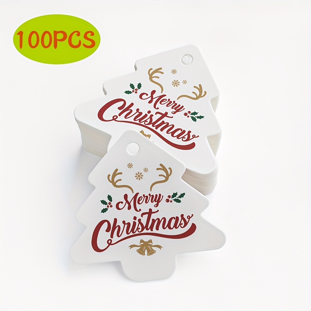 Image of 100pcs Festive Christmas Tree-shaped Hanging Ornaments - "merry Christmas" & "" Design With Golden Accents, Perfect For Diy Gift Wrapping & Holiday Decoration