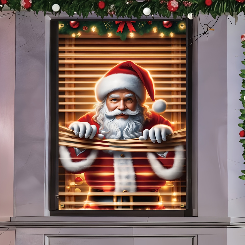Image of Santa Claus Merry Christmas Window Banner - Durable Polyester, No Power Needed, Perfect For Outdoor Garden & Holiday Party Decorations, 31.5x47.2 Inches
